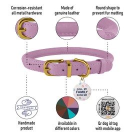 BronzeDog Rolled Leather Dog Collar with QR ID Tag, Adjustable Soft Round Collars for Small Medium Large Dogs Puppy (7" - 10" Neck Size, Lavender)