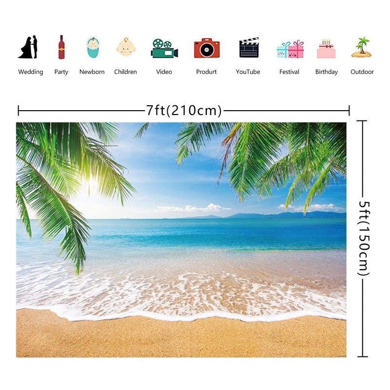 INRUI Tropical Beach Photography Background Summer Palm Trees Backdrop Blue