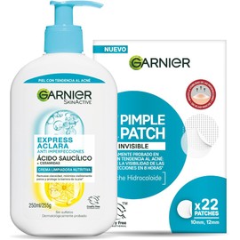 Kit Garnier Express Aclara Anti-Imperfecciones: Gel Limpiador Facial 250ml + 22 Parches Pimple Patch 8H Invisible con Tecnología Hidrocoloide, Reduce Granitos y Puntos Negros, Control de Grasa