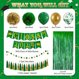 ssailue decor Green and Gold Class of 2024 Graduation Party Decorations Banner, Paper Pompoms, Foil Fringe Curtain, Graduation Party Balloons