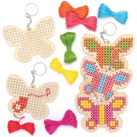Baker Ross AT877 5pcs Butterfly Cross Stitch Keychain Kits Wooden Introduction to Sewing Wooden Templates with Colorful Wool for Key Chain Crafts