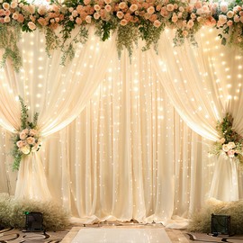 10x10ft Champagne Polyester Backdrop Curtains with Lights String for Wedding Parites, Wrinkle Free Curtains Backdrop Drapes for Wedding Birthday Party Baby Shower Photo Shoot Decorations