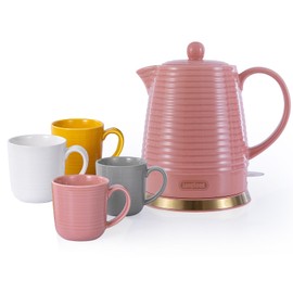 LONGSEED 1.2 Liters Ceramic Electric Kettle with Infuser & Mug Set,1000W Fast Boil Water for Tea Coffee, Teapot with Boil-Dry Protection Auto Shut Off, Detachable Swivel Base