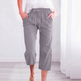 Capri Pants for Women 2025 Summer Drawstring Elastic High Waist Casual Capris Straight Wide Leg Cotton Linen Pants
