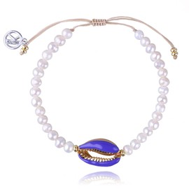 KELITCH Lips Kiss Gold Shell Cowry Beaded Bracelets Beach Seashell Friendship Bracelets Women Pearl Bracelets (Blue)