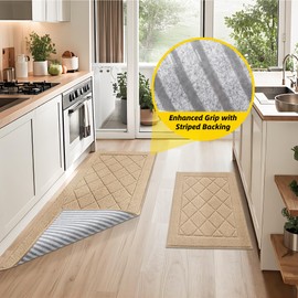 JSEI Non-Slip Kitchen Rugs, Self Adhesive No Sliding Kitchen Mats Set of 2, Soft Washable Absorbent Floor Mats for Area Rug, Kitchen, Entrance, Bathroom, Laundry Room, Bedroom, 20”x30”+20”x48”, Beige