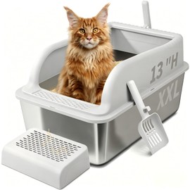 2PACK XXL Stainless Steel Litter Box with Lid, Extra High Sides & Steps