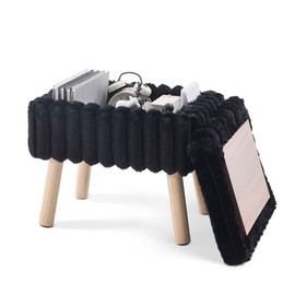 Wimarsbon Storage Ottoman Foot Rest Stool, Velvet Soft Ottoman, Ottoman Faux Fur Soft Padded Footstools Seat with 4 Wood Legs Furry Padded Seat for Home Entryway Bedroom (Black)