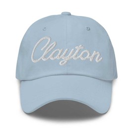 Clayton Baseball Cap Clayton Dad Hat Bold Baseball Script Michigan MI Hat Embroidered Souvenir Gift Light Blue