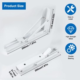 Pack of 2 Folding Console Heavy Duty 200 mm Folding Shelving Shelving Stainless Steel Shelf Brackets Heavy Duty White Angle Shelf Brackets for Workbenches and Shelves, Space Saving in the Household,
