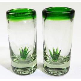 Eye4Art Mexican Tequila Shot Glasses, 4 Agave Cactus, Green Rim, Hand Blown