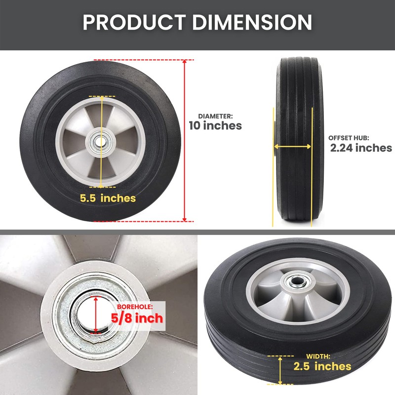 (2-Pack) AR-PRO 10" x 2.5" Flat Free Solid Rubber Tires