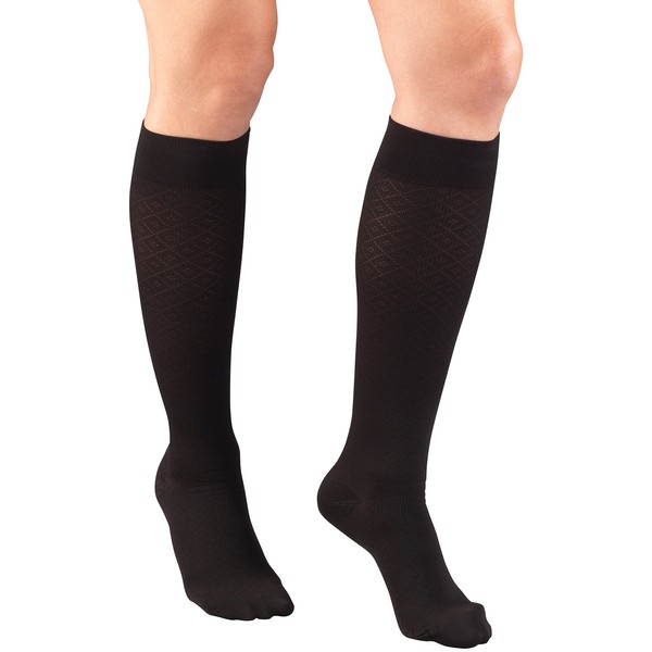 Truform Compression Socks, 15-20 mmHg, Women's Dress Socks, Knee High Over Calf Length, Black Diamond Knit, Large