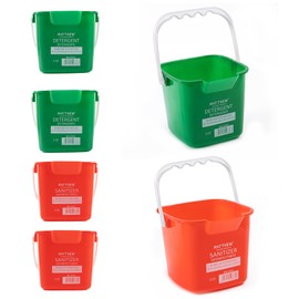 Matthew Detergent and Sanitizing Cleaning Bucket 3 Quart Plastic Pail,Set of 6 Square Containers,Built-in Spout w/Handle,Wash Rinse Sanitize Handwash Bucket for Home Office Commercial (Red&Green)