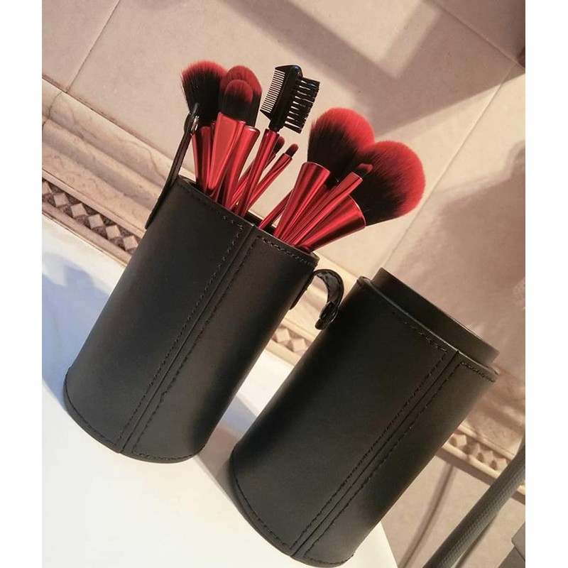Black Empty PU Leather Makeup Brush Holder with Lid Travel