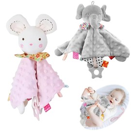 VERALY.MX | 2 Mantas Apego Bebés Peluche Mordedera Juguete Sensorial Manta Suave de Seguridad Con Textura Desarrollo Sensorial Estimulación Juguete Bebes y Niños Juego Calmante (Raton y Elefante)