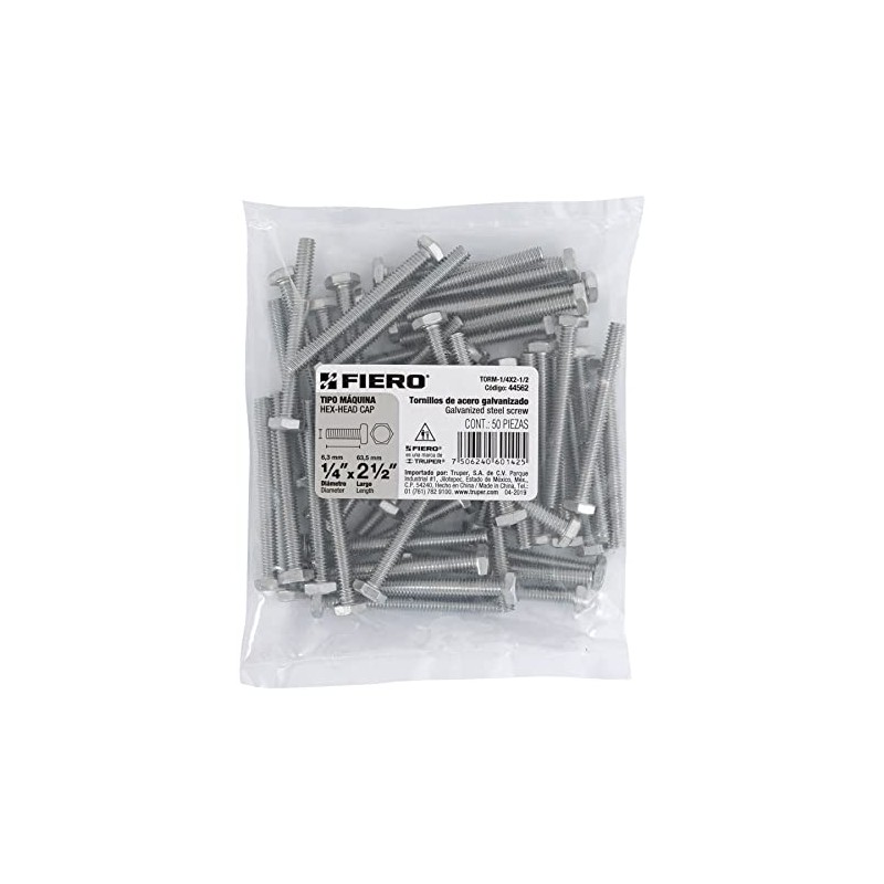 Fiero TORM-1/4X2-1/2, Tornillo tipo máquina, 1/4 x 2-1/2", bolsa con