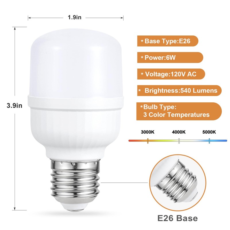aooshine Dimmable LED Light Bulb 6W 3 Color Temperatures, 3000K/5000K/4000K