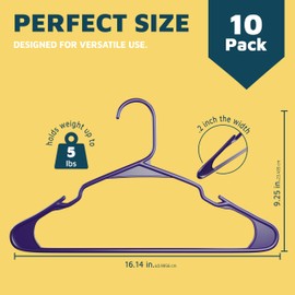 Lifemaster Plastic Clothes Hangers – Heavy Duty Hanger Set, for Organizing Clothes, Dresses, and Coat, Holds Up to 5 lbs, Space-Saving Hangers with Non-Slip Shoulder Grooves, Pack of 10, Purple