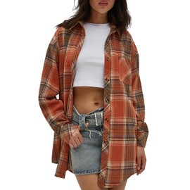 CHYRII Womens Button Down Flannel Shirts Long Sleeve Plaid Shacket Business Casual Blouse Topss Caramel-7123 L