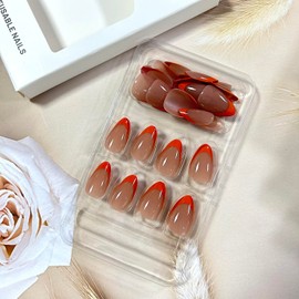 LOPMNGHT French Tip Press on Nails Short Length Orange French False Nails with Design Artificial Stick on Nails Full Cover Glossy Acrylic Coffin Nails Reusable Glue on Nails for Women Manicure Kit