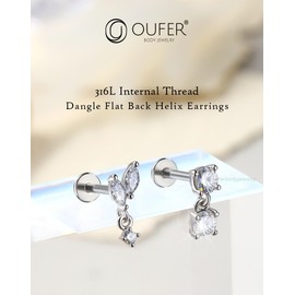 OUFER 16G Vine Tragus Piercing Internally Threaded Dangle Helix Stud Stainless Steel 316L Cartilage Ring Clear CZ Conch Lobe Earring 8 mm Flat Back Earring For Women