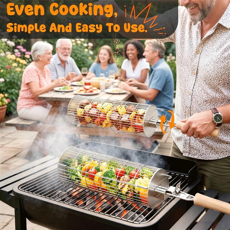 TNTOR Rolling Grill Basket, Larger 304 Stainless Steel Nesting Grilling