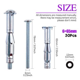 30Pcs M6×65 Heavy Duty Zinc Plated Steel Molly Bolt Assortment Kit, Hollow Drive Wall Anchor Screws Assortment Kit for Secure Drywall, Sheetrock, Plaster and Tile