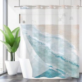 Caheansi No Hook Shower Curtain with Snap in Liner, Hotel Style Teal Blue Nautical Coastal Ocean Beach Themed Shower Curtain Waterpoof Washable with See Through Top Window,71"x74"