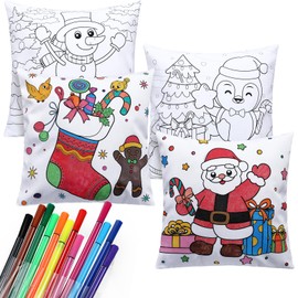 4 Pcs Christmas Coloring Pillow Case Set Christmas Coloring Pillowcase for Kids 18 x 18 Inches Christmas Pillow Covers and 12 Pcs Washable Markers for Holiday Party Decoration Supplies Craft