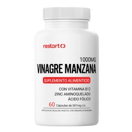 Restart Vinagre de Manzana con la Madre  1000mg de Apple Cider Vinegar (Doble Potencia) con Vitamina B12, Zinc y Ácido Fólico  Fórmula Sin Sabor, Sin 