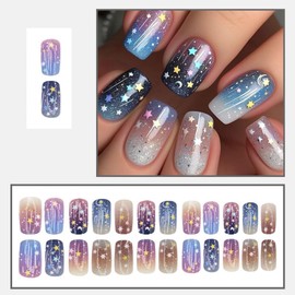 Square Press on Nails Medium Fake Nails Independence Day False Nails with Star Moon Design Ombre Glue on Nails Summer Full Cover Stick on Nails Blue Acrylic Nails for Women Manicure 24Pcs