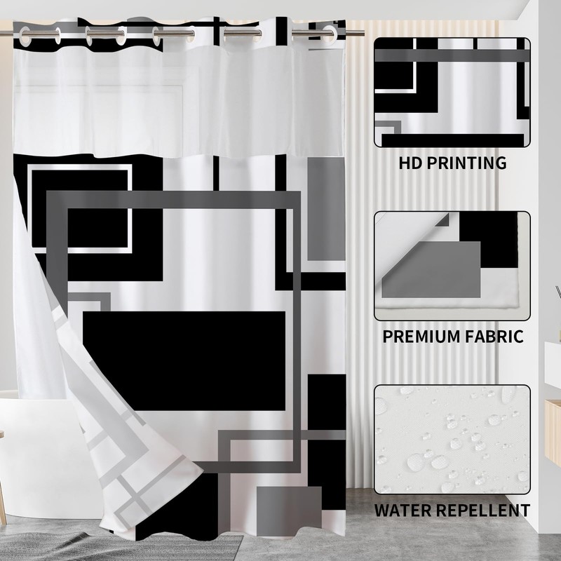 Vostolaiv No Hook Shower Curtain Black Geometric Shower Curtains with