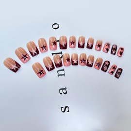 Press On Nails Square, Press On Nails Short, Cute Star Nails Reusable Fake Nails For Women, Square Red Pink Press-on Nails Daily Wear, 24pcs Nails Kit with Glue Kitc