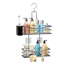 HapiRm Shower Caddy Hanging Organiser - 2 Tier Shower Organiser with 360° Rotatable Top Hook and 4 Hooks, Silver Rustproof Bathroom Caddy for Shampoo, Conditioner, and Bathroom Storage