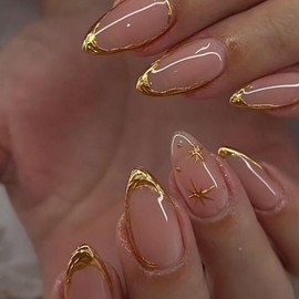 24Pcs Almond Press on Nails Medium Fake Nails Golden 3D French Tip False Nails with Star Pattern Design Acrylic Nails Press ons Nude Full Cover Artificial Nails Reusable Glue-Free Nails for Women