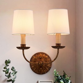 MhyTogn 2-Lights Fabric Wall Sconces Antique Brushed Brass Wall Lights with Melted Candle Classic Mid Century Wall Lamp for Hallway Vanity Bedside Doorway, UL Listed
