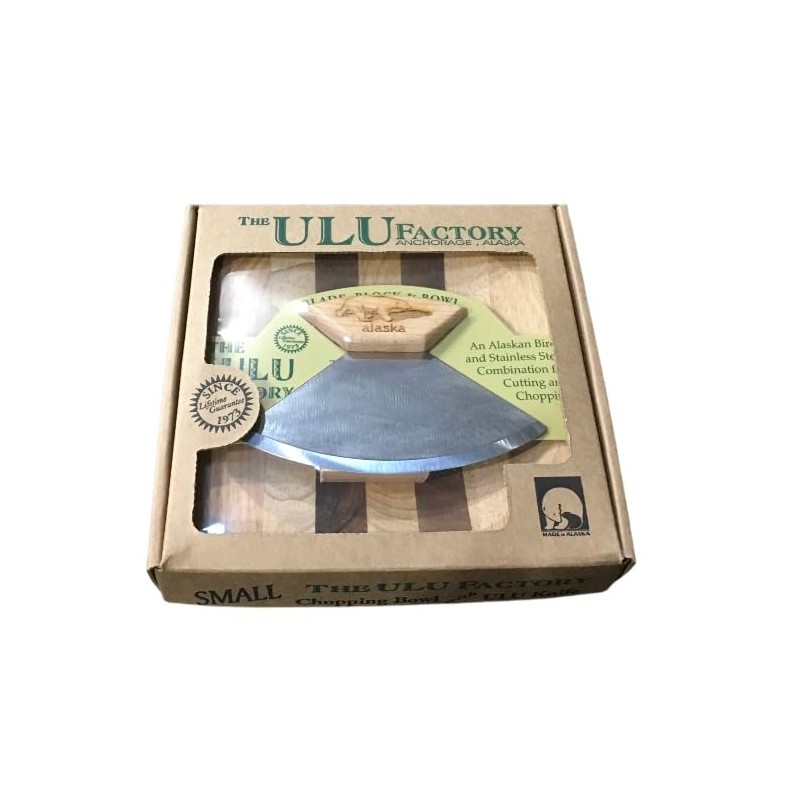 Alaskan Birch Wood Ulu Mezzaluna Knife and Bowl Set Small