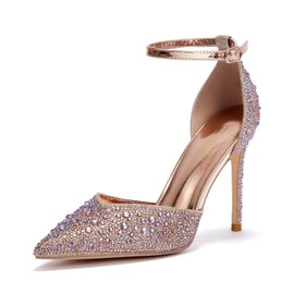 Zhabtuc Rhinestone Pumps for Women Glitter Ankle Strap Stiletto Heels 10 cm / 3.94 Inches Sparkling Lace Heel Shoes Party Wedding Heels Bridal Shoes Shiny High Heels, Rhinestone Gold