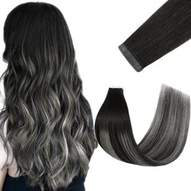 FUOTONBUTY Tape in Hair Extensions Real Human Hair Double Stitched Invisible Seamless 20pcs 50g (Ombre Natural Black to Ice Grey, 16 inch)