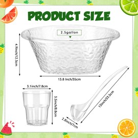Nuogo 2.5 Gallon Punch Bowl with Ladle Stackable Plastic Tumbler Cups Set Include an Embroidered Punch Plastic Bowls with a Ladle 6 Pcs 10 oz Clear Plastic Glasses for Soup Water Parties