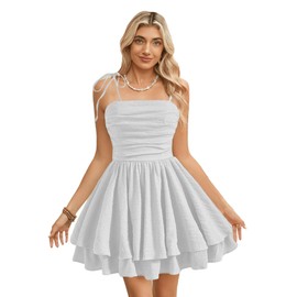 WDIRARA Women's Tie Shoulder Ruched Sleeveless Shirred Layered Ruffle Hem Cocktail Party Cami Dress White Large