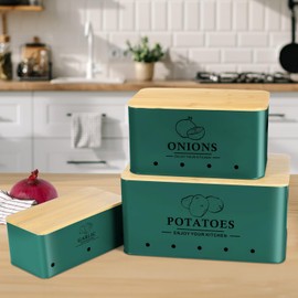 Dekosilave Kitchen Vegetable Storage Set of 3, Metal Onion Garlic Potato Storage Set, Kitchen Canisters Vegetable Keeper Containers with Aerating Holes and Wooden Lid (Alpine Green)