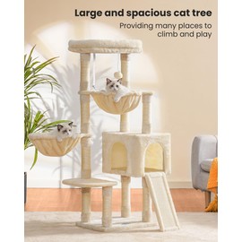 Hey-brother Large Cat Tree, Cat Tower for Indoor Cats, Cat House with Padded Bed, Cozy Condo, Hammocks, Sisal Scratching Posts, Big Scratcher, Beige MPJ006-MM