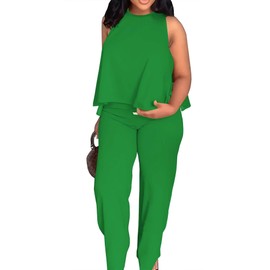 BXBY Two Piece Sets for Women Summer Pleated Ruffle Hem Sleeveless Top Wide Leg Pant Outfits Casual Vacation 2024 Tracksuit Green XXL