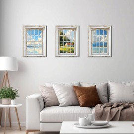 xiysien Window View Wall Art Blue Cloud Sky Wall Decor Nature Photography Realism Scenic Landscape Canvas Print Artwork for Living Room Bedroom Bathroom Office 12''x16''x3PCS