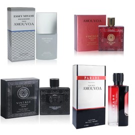AMOUVOA 4Pc Set Cologne for Men (Parade Essey Miyami Vintage Red&Black) Classic Collection Bottles, Eau de Toilette Natural Spray - Woody Scent - Holiday Gift Each 3.4 Fl Oz
