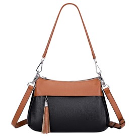 Over Earth Leather Handbags for Women Small Hobo Shoulder Bag Ladies Crossbody Purse（O111-2E Black/Brown）
