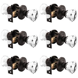 Orger Crystal Privacy Door Knobs with Lock, Faceted Diamond Shape Glass with 2 9/16" Round Rosette, Oil Rubbed Bronze Interior Keyless Door Handles for Bed/Bath, 6 Pack