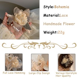 Flower Hair Clip Lace Edged Claw Clip for Women and Girls Rose and Camellia Design Non Slip Hair Accessories for Thick Hair Cute Hair Claw Clips (Brown)